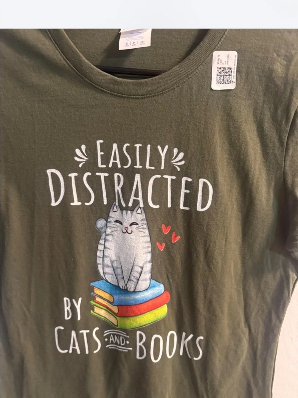 Amazon Olive Green Cat & Books Graphic Tee